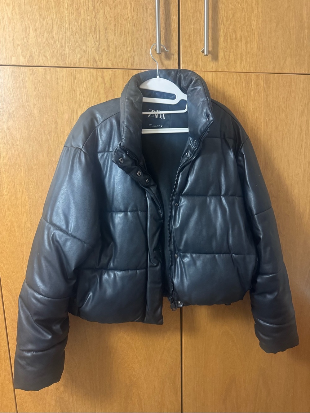 Zara Black Faux-Leather Cropped Puffer Jacket